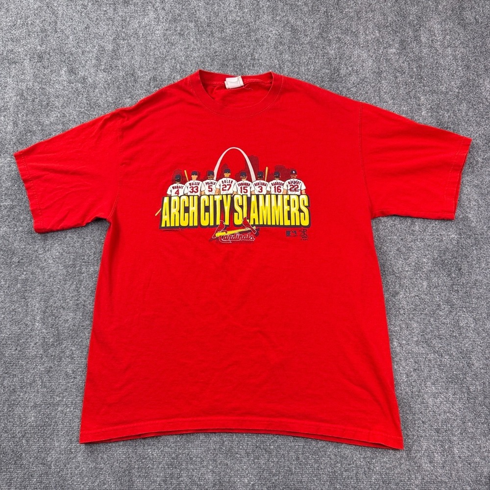 Vtg Lee Sport Mens XL Arch City Slammers Cardinals 2004 Graphic T Shirt Red MLB
